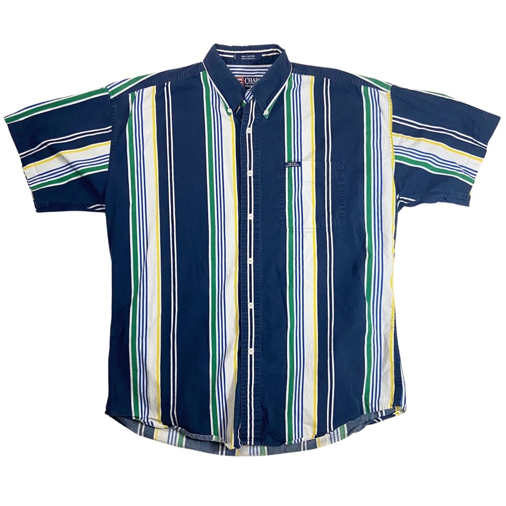 Chaps Ralph Lauren Men’s Striped Button Down Short Sleeve Navy Blue Shirt Large